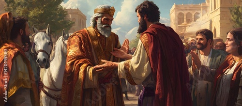 Depicts Melchizedek, a mysterious figure in the Old Testament, known as the King of Salem and priest of God Most High, who blesses 