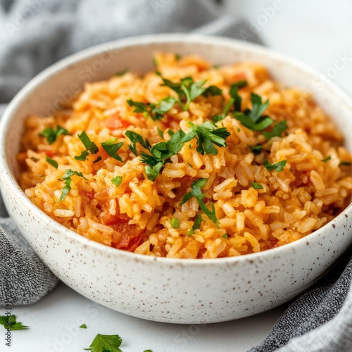 Close up of a bowl of spanish rice garnished with fresh green parsley