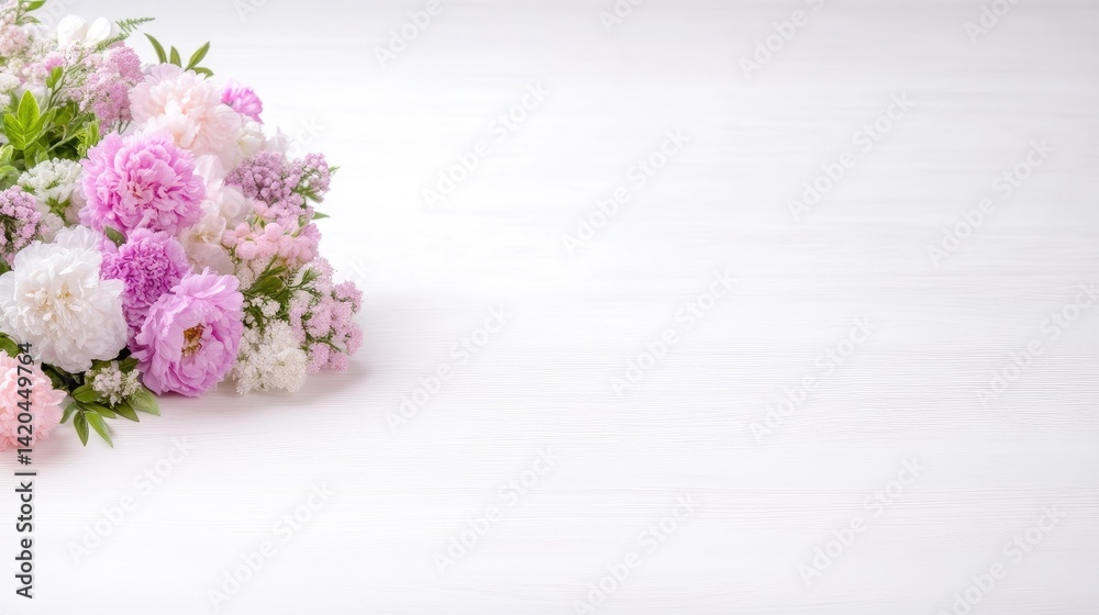 Obraz premium Pink Rose Bouquet White Background Soft Focus High Resolution Horizontal Close-up Shot Delicate Blooms Floral Arrangement Springtime Pastel Hues Ideal for greeting cards