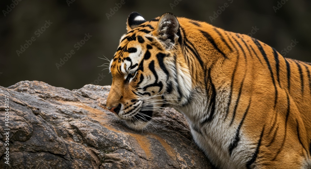Fototapeta premium Captivating portraiture of a sumatran tiger at rest on a rocky terrain