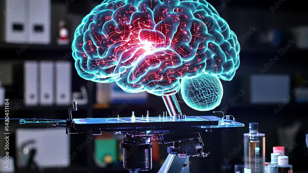Innovative scope scanning combined with digital processing enhances neurological research capabilities, scope scanning with data processing and digital brain on black background