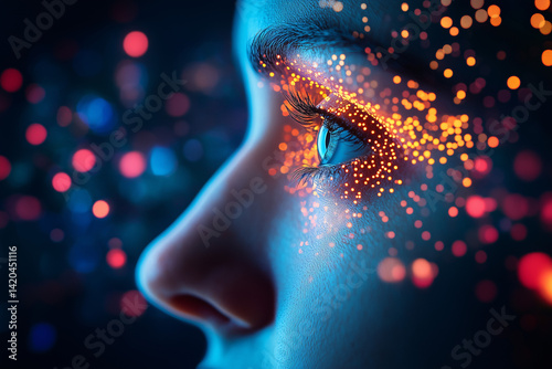 Captivating Gaze: A close-up of a woman's eye, illuminated by a vibrant cascade of radiant light particles that dance across her features, showcasing a blend of technology and introspection.