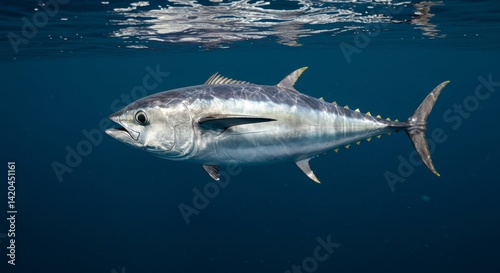 Underwater portrait of majestic tuna swimming in vast, serene, ocean