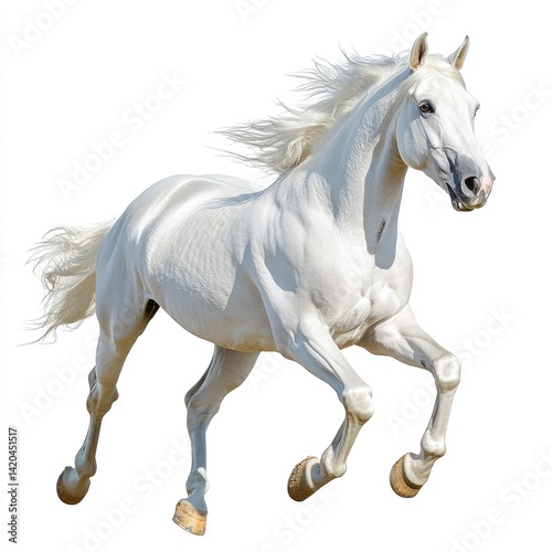 A majestic white horse running freely with its mane blowing in the wind on a white background