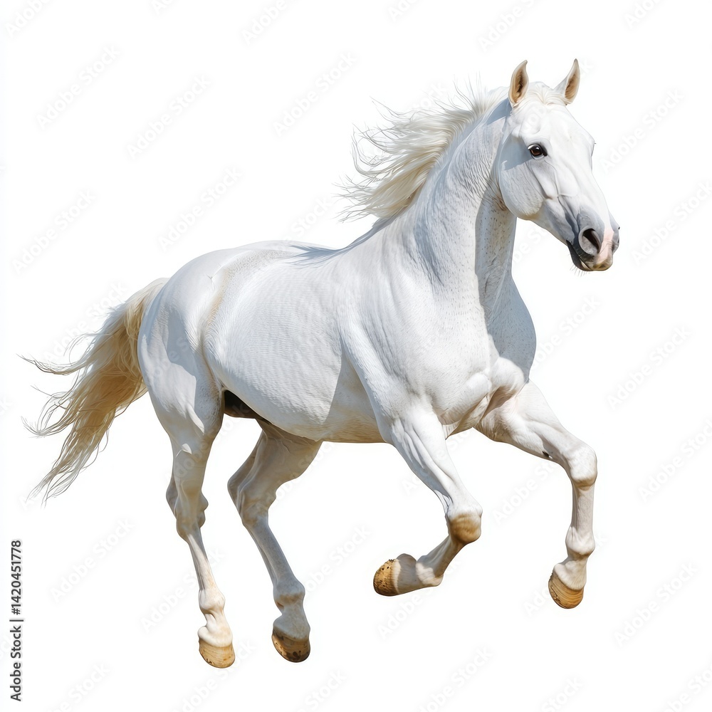 Obraz premium A majestic white horse galloping freely with its mane flowing on a clean white background in bright light