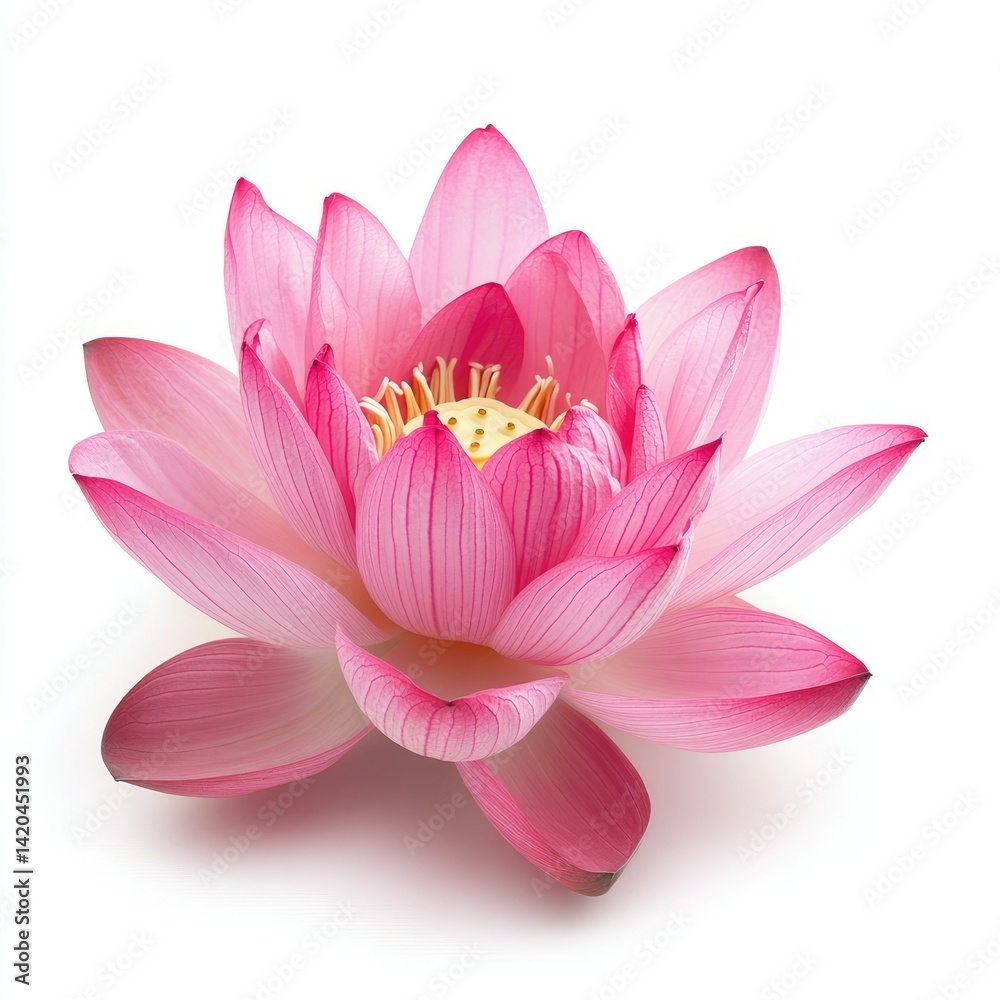 Close up shot of a pink lotus flower with yellow center on white background