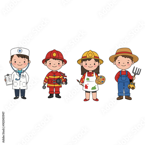 Cartoon kids dressed in different professions: firefighter, doctor, farmer, and artist. Each with matching props and outfits, isolated on white background. Fun and educational character set.

