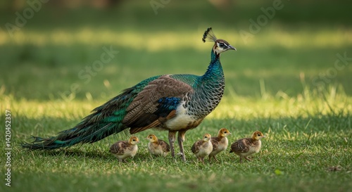 Elegant peahen with her charming peachicks prancing gracefully on lawn