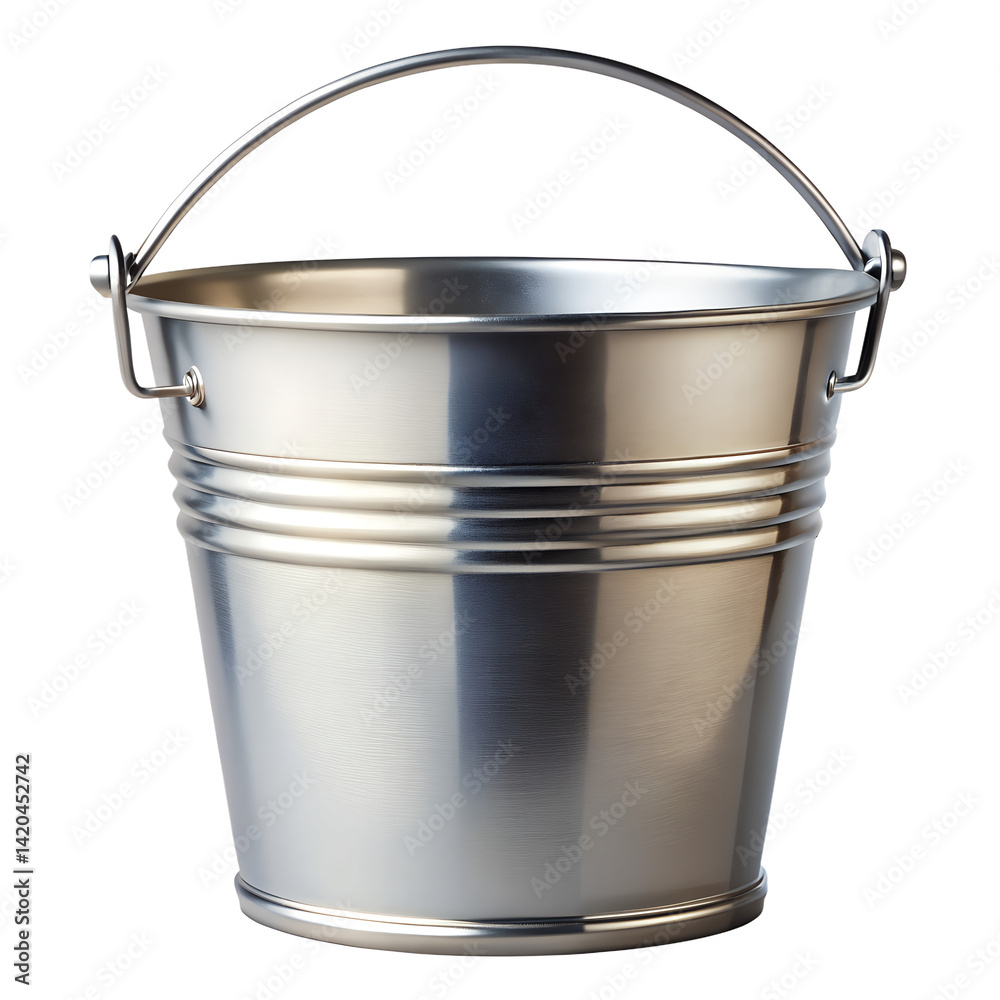 A shiny metal pail with handle present isolated on transparent background A shiny metal pail with handle present isolated on transparent background
