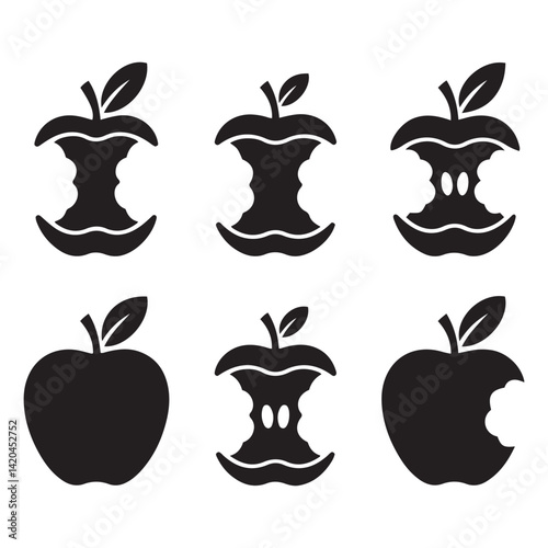 Apple Core Icon Set – Minimalist Black Apple and Bite Symbol Illustrations