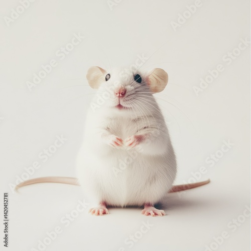 A cute white mouse standing on its hind legs with its paws clasped in front on a white background