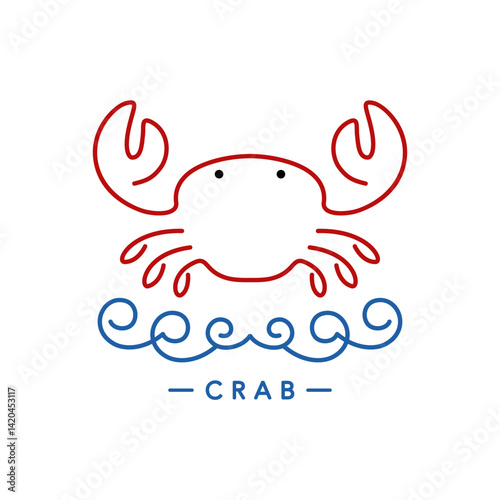 A colorful line drawing features a crab above playful waves. The crab is depicted in red while the waves are rendered in blue, showcasing a whimsical and simplified artistic 