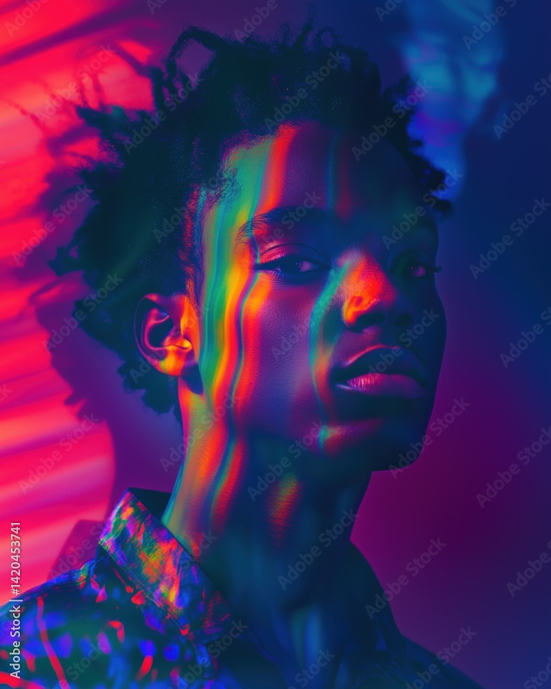A portrait of a young man with textured hair, illuminated by vibrant, colorful lighting that creates abstract patterns across his face. The background features soft gradients, enhancing. A portrait of a young man with textured hair, illuminated by vibrant, colorful lighting that creates abstract patterns across his face. The background features soft gradients, enhancing.