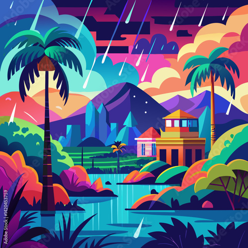 A vivid tropical scene unfolds with palm trees, a flowing river, and colorful houses against striking mountains. Bright rain showers down from a dramatic, multicolored sky.