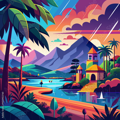 A colorful, tropical village rests beside a winding river, framed by towering mountains and lush palm trees. Vibrant rain streaks down from a glowing, dreamy sunset sky.