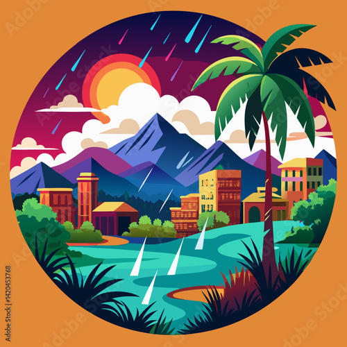 A colorful tropical town sits by a river, framed by towering mountains and a vibrant sunset sky. Streaks of rain fall gently, adding life and rhythm to the lush, vivid scenery.