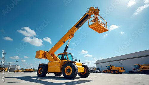 Yellow articulated boom lift, aerial platform construction machinery. Mobile telescopic device lifts workers, materials, equipment to elevated heights. Industrial crane equipment with basket against