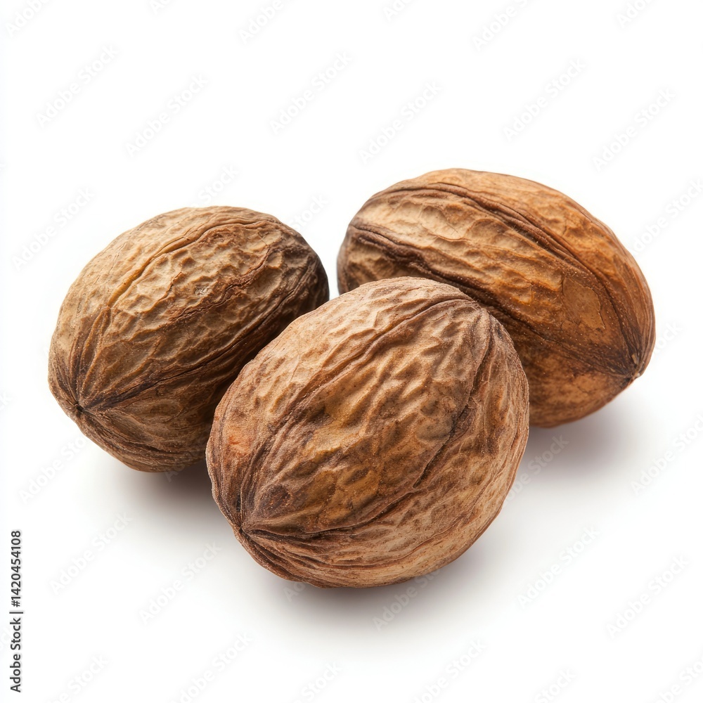 Close up of three walnuts with textured shells on a white background Close up of three walnuts with textured shells on a white background