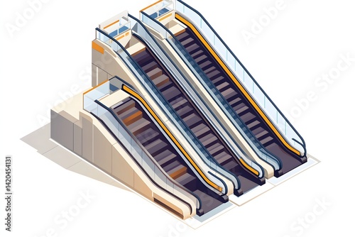 Realistic isolated isometric single, double, and triple excalators on a white background. elevating the escalator. A moving staircase that functions as a vertical escalator