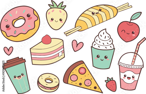 Kawaii Food PNGs for Design Projects. Kawaii Food Art for Crafting Ideas. Clipart of Cute Kawaii Food Faces. Kawaii Food Design Assets for Creators. Printable Kawaii Food Sticker Art. Kawaii Food Clip