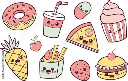 Kawaii Food PNGs for Design Projects. Kawaii Food Art for Crafting Ideas. Clipart of Cute Kawaii Food Faces. Kawaii Food Design Assets for Creators. Printable Kawaii Food Sticker Art. Kawaii Food Clip