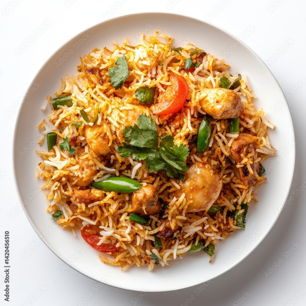 A plate of chicken biryani with green beans tomato and cilantro on a white background top down view A plate of chicken biryani with green beans tomato and cilantro on a white background top down view