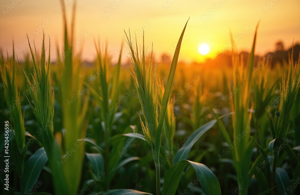 Fototapeta premium Corn field during sunset. Maize plants grow in farmland. Agriculture, farming, eco concept. Beautiful sunlight creates atmosphere. Agriculture industry concept. Rural background, harvest time.