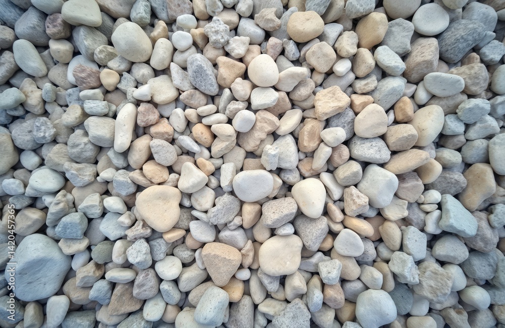 Close-up stone floor texture. Smooth pebbles in various sizes and colors. White, grey, beige and brown stone rock background. Surface texture. Ideal background material for design.