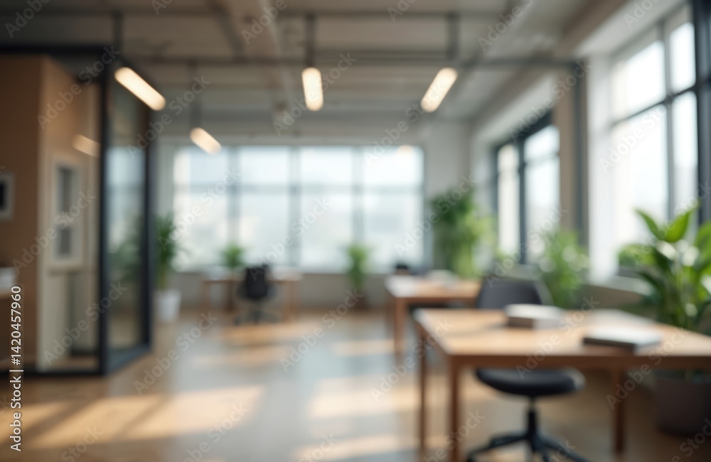 Blurred modern office interior design. Contemporary workspace for creative business. Empty room with wooden desks and chairs near windows. Green plants add eco accents. Loft design with natural light. Blurred modern office interior design. Contemporary workspace for creative business. Empty room with wooden desks and chairs near windows. Green plants add eco accents. Loft design with natural light.