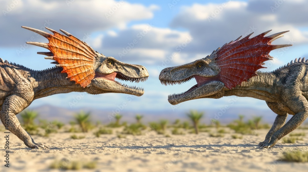 Fototapeta premium Dinosaurs facing off in desert; prehistoric confrontation