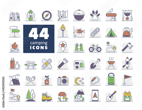 Camping, Hiking and Outdoor Activities icons set