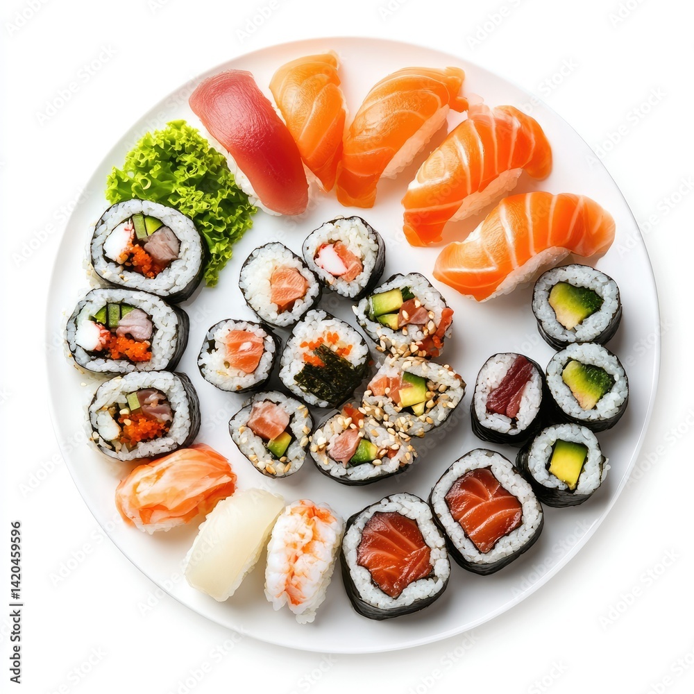 A white plate filled with an assortment of sushi rolls and nigiri pieces A white plate filled with an assortment of sushi rolls and nigiri pieces