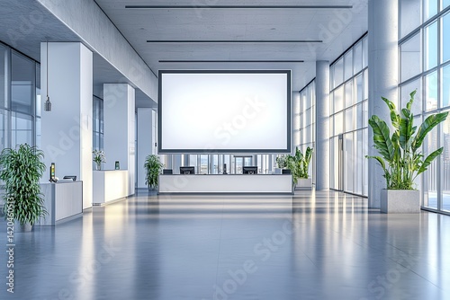 Bright and modern lobby with large screen and lush greenery creating a welcoming atmosphere during daytime