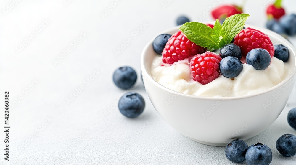 A bowl of creamy yogurt topped with fresh raspberries and blueberries, set against a clean white background, and vibrant and healthy breakfast concept. A bowl of creamy yogurt topped with fresh raspberries and blueberries, set against a clean white background, and vibrant and healthy breakfast concept.