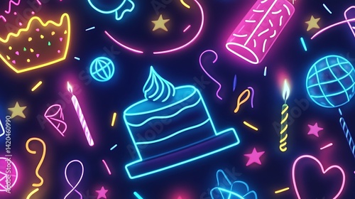 A modern pattern of birthday-related icons such as balloons, cakes, and confetti rendered in neon lights 