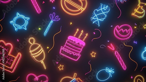 A modern pattern of birthday-related icons such as balloons, cakes, and confetti rendered in neon lights 