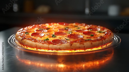 A modern pizza with radiant edges displayed on a transparent plate 
