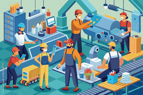 Factory workers collaborate on production tasks, handling equipment and managing operations efficiently, workers working in a factory,