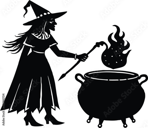 Silhouette of Witch stirring cauldron