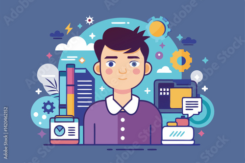 An individual surrounded by tools, books, and elements for a customizable and productive work environment, Working Customizable Flat Illustration