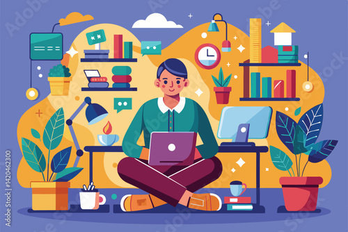 A person engaged in remote work, surrounded by plants and colorful decor in a cozy workspace setting, Working from anywhere Customizable Disproportionate Illustration