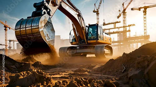 Large excavator digging at construction site with cranes and dirt mounds