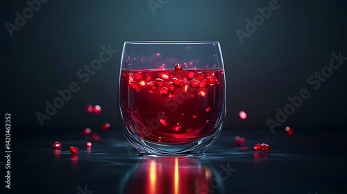 A modern pomegranate juice with glowing seeds floating in a transparent high-tech cup 