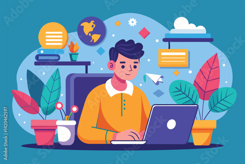 A professional focuses on their laptop in a vibrant, personalized remote work environment surrounded by plants, Working from anywhere Customizable Semi Flat Illustration