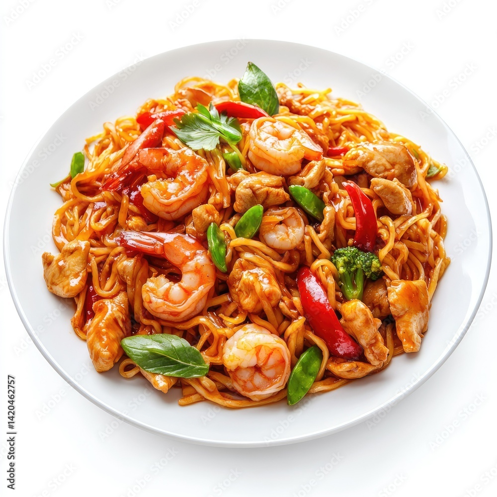Close up of a plate of shrimp and chicken lo mein with vegetables on a white background surface Close up of a plate of shrimp and chicken lo mein with vegetables on a white background surface