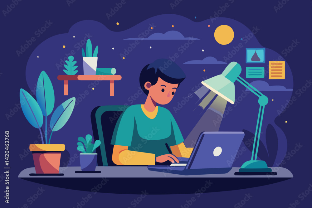 Fototapeta premium A focused individual works late at night, illuminated by a desk lamp in a personalized workspace filled with plants, Working late Customizable Semi Flat Illustration