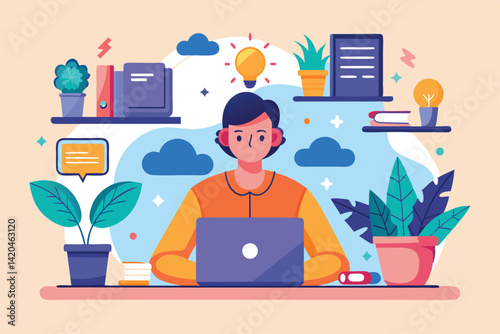 A person is focused on their laptop in a vibrant workspace surrounded by plants and shelves, Working remotely Customizable Flat Illustration