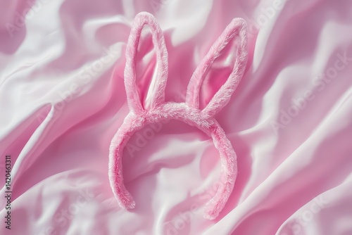 Pink fluffy bunny ears headband on a bed of pink satin.