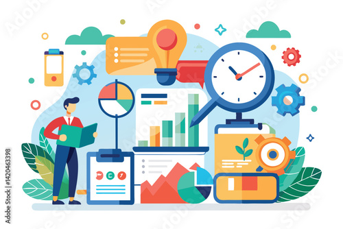 An individual analyzes various charts and graphs while surrounded by tools related to work efficiency, Working time trending