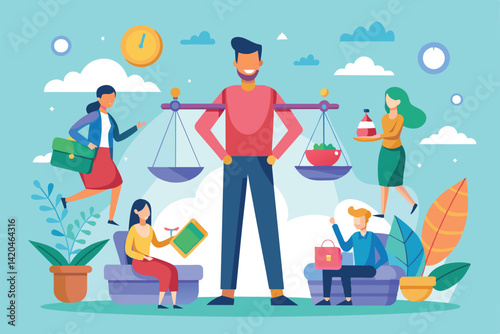 A group of diverse individuals showcases a balance between work and personal life through memorable activities, Work life balance Customizable Semi Flat Illustration